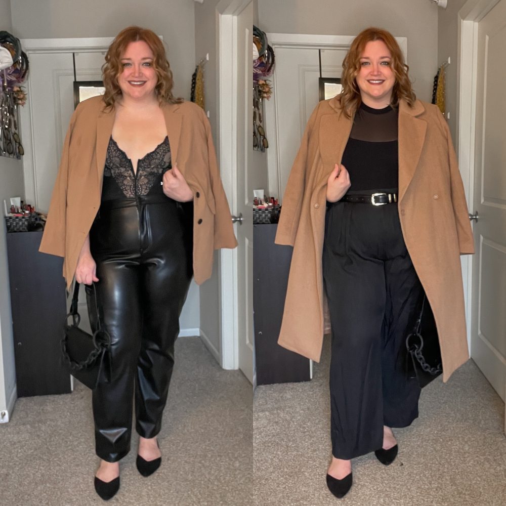 Camel and black plus size outfits Tara Jane Style