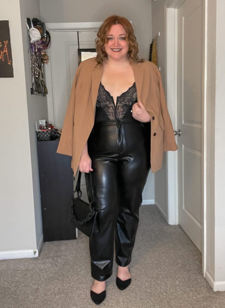 Camel and black plus size outfits Tara Jane Style